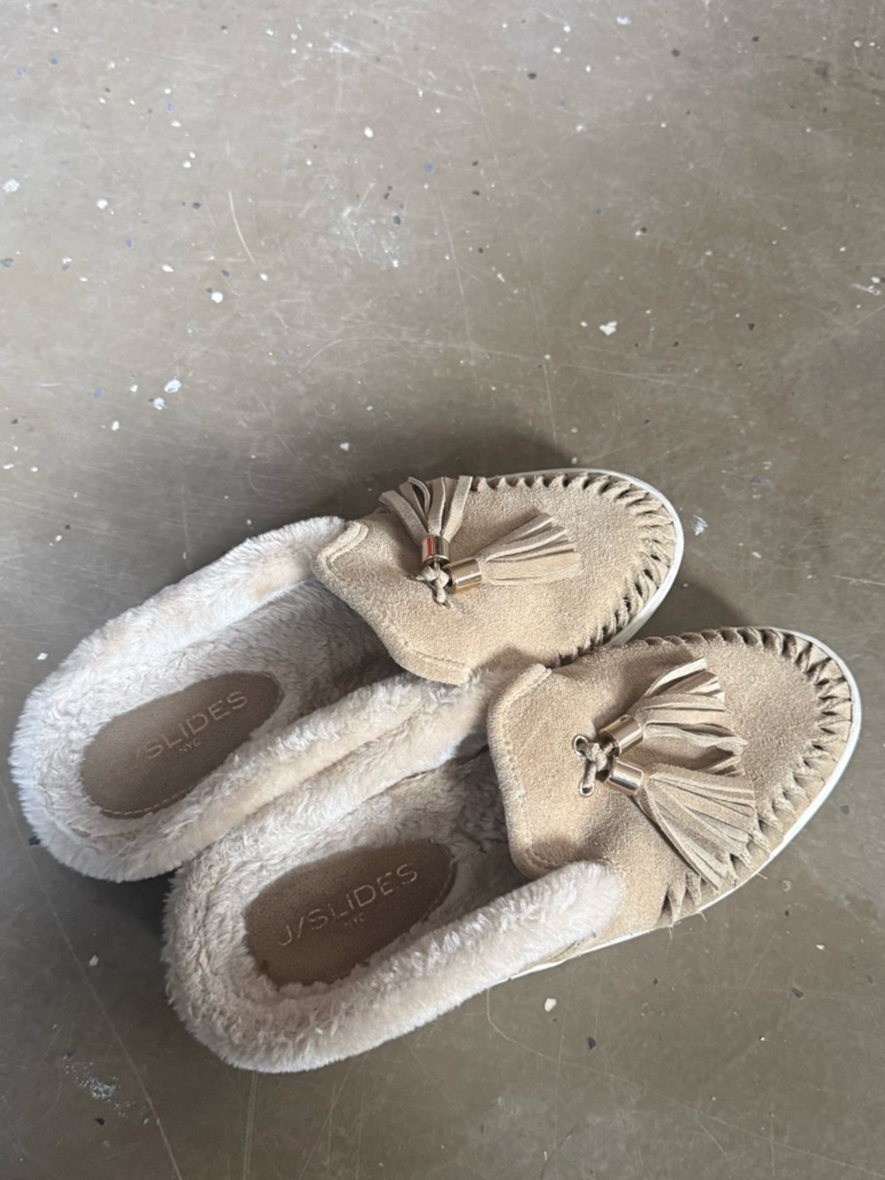J Slides Beige Tassel Suede Slip-On Mules